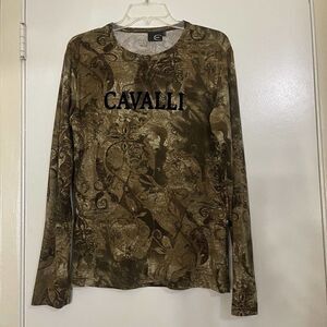 JUST CAVALLI logo long sleeve brown western long sleeve knit size Large